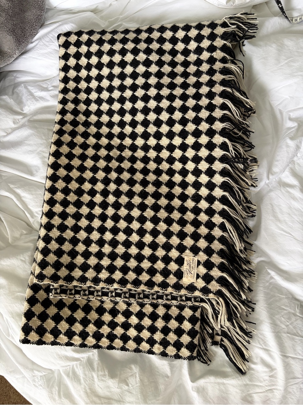 Vintage Black and Cream Checkered Fringe Blanket